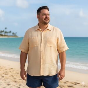 Visitor Shirt Mens 2XL Yellow Short Sleeve Button Up Solid 100% Linen